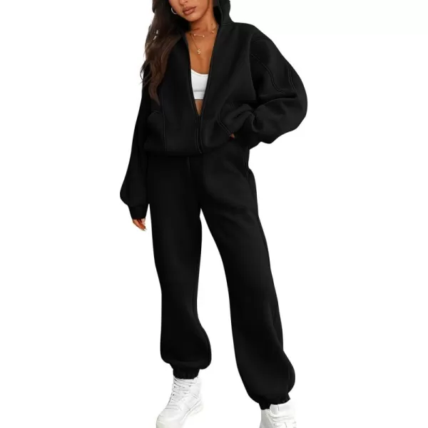 BTFBM Womens Sweatsuits 2 Piece Set 2024 Fleece Long Sleeve Zip Up Sweatshirt Sweatpants Winter Fall Outfits Jogger SetsBlack