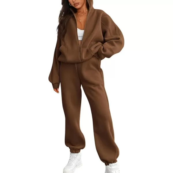 BTFBM Womens Sweatsuits 2 Piece Set 2024 Fleece Long Sleeve Zip Up Sweatshirt Sweatpants Winter Fall Outfits Jogger SetsBrown