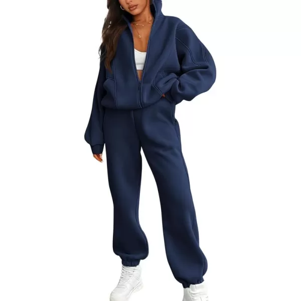 BTFBM Womens Sweatsuits 2 Piece Set 2024 Fleece Long Sleeve Zip Up Sweatshirt Sweatpants Winter Fall Outfits Jogger SetsDark Blue