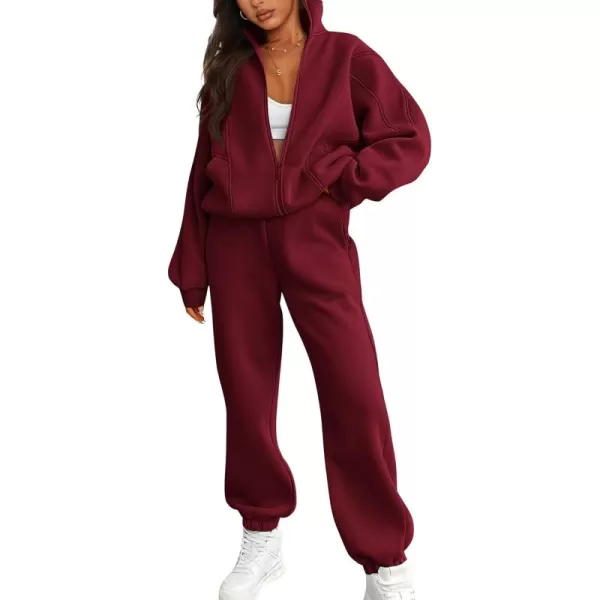BTFBM Womens Sweatsuits 2 Piece Set 2024 Fleece Long Sleeve Zip Up Sweatshirt Sweatpants Winter Fall Outfits Jogger SetsWine Red