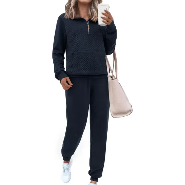 BTFBM Womens Sweatsuits 2 Piece Set Quilted Quarter Zip Pullover Jogger Sweatpants Tracksuit Fall Matching Lounge SetsSolid Navy