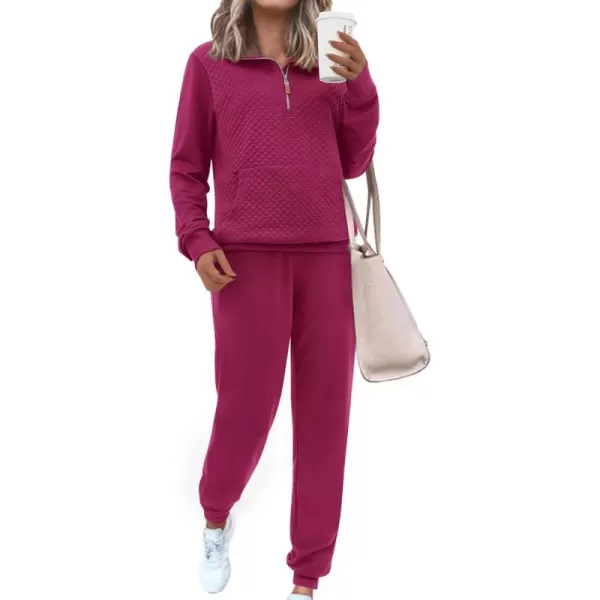 BTFBM Womens Sweatsuits 2 Piece Set Quilted Quarter Zip Pullover Jogger Sweatpants Tracksuit Fall Matching Lounge SetsSolid Purple Red