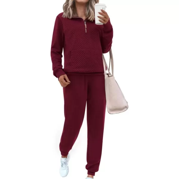 BTFBM Womens Sweatsuits 2 Piece Set Quilted Quarter Zip Pullover Jogger Sweatpants Tracksuit Fall Matching Lounge SetsSolid Wine Red