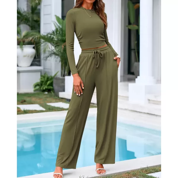 BTFBM Casual 2 Piece Sets For Women Fall Outfits Ribbed Knit Long Sleeve Crop Top Wide Leg Pants Matching Lounge SetSolid Army Green
