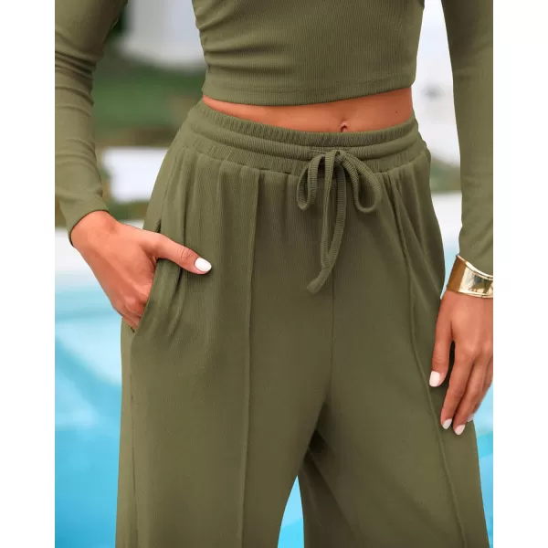 BTFBM Casual 2 Piece Sets For Women Fall Outfits Ribbed Knit Long Sleeve Crop Top Wide Leg Pants Matching Lounge SetSolid Army Green