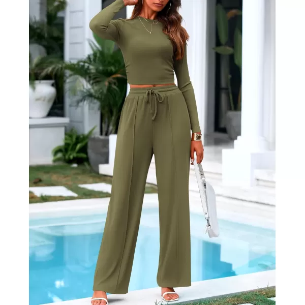 BTFBM Casual 2 Piece Sets For Women Fall Outfits Ribbed Knit Long Sleeve Crop Top Wide Leg Pants Matching Lounge SetSolid Army Green