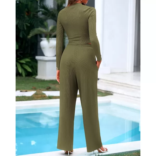 BTFBM Casual 2 Piece Sets For Women Fall Outfits Ribbed Knit Long Sleeve Crop Top Wide Leg Pants Matching Lounge SetSolid Army Green