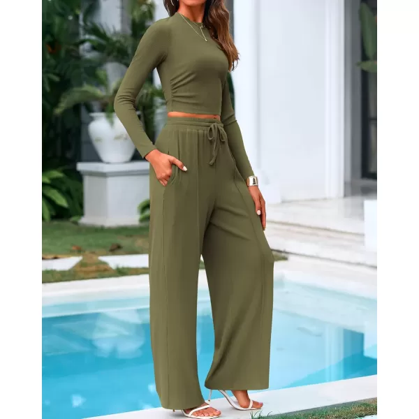 BTFBM Casual 2 Piece Sets For Women Fall Outfits Ribbed Knit Long Sleeve Crop Top Wide Leg Pants Matching Lounge SetSolid Army Green
