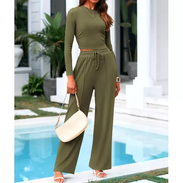 BTFBM Casual 2 Piece Sets For Women Fall Outfits Ribbed Knit Long Sleeve Crop Top Wide Leg Pants Matching Lounge SetSolid Army Green