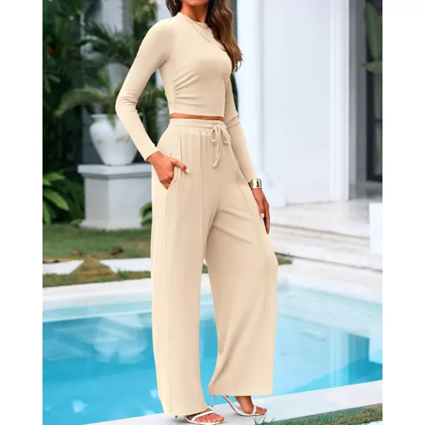 BTFBM Casual 2 Piece Sets For Women Fall Outfits Ribbed Knit Long Sleeve Crop Top Wide Leg Pants Matching Lounge SetSolid Beige