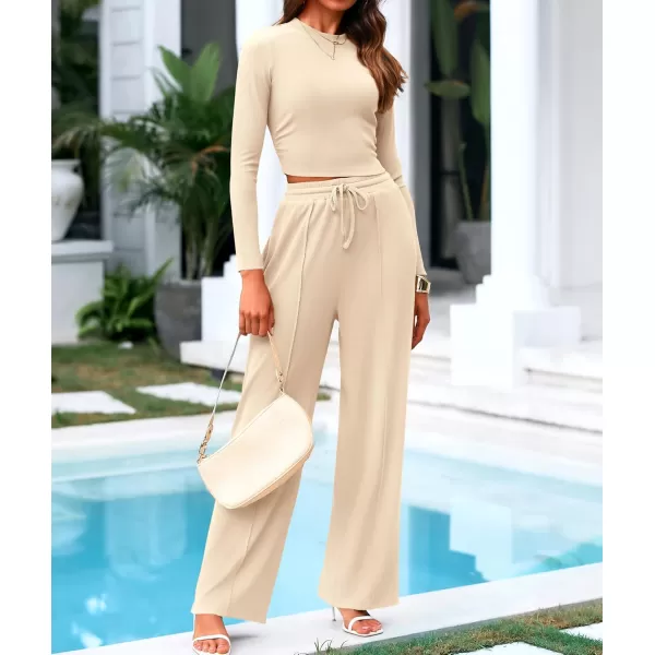 BTFBM Casual 2 Piece Sets For Women Fall Outfits Ribbed Knit Long Sleeve Crop Top Wide Leg Pants Matching Lounge SetSolid Beige