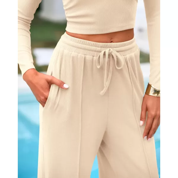 BTFBM Casual 2 Piece Sets For Women Fall Outfits Ribbed Knit Long Sleeve Crop Top Wide Leg Pants Matching Lounge SetSolid Beige
