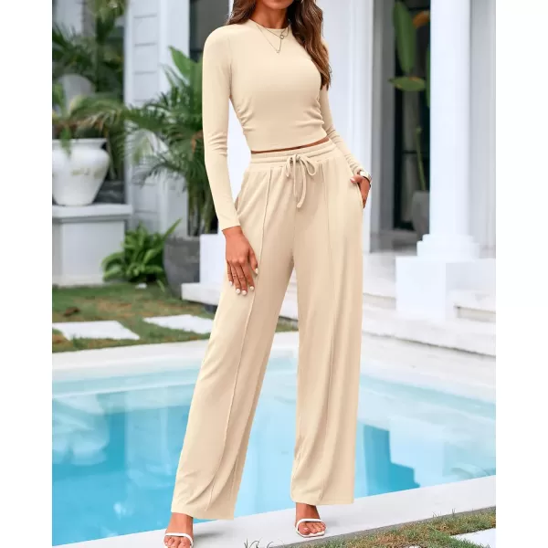 BTFBM Casual 2 Piece Sets For Women Fall Outfits Ribbed Knit Long Sleeve Crop Top Wide Leg Pants Matching Lounge SetSolid Beige