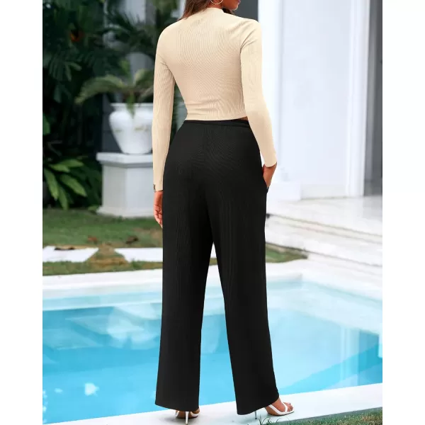 BTFBM Casual 2 Piece Sets For Women Fall Outfits Ribbed Knit Long Sleeve Crop Top Wide Leg Pants Matching Lounge SetSolid Beige Black