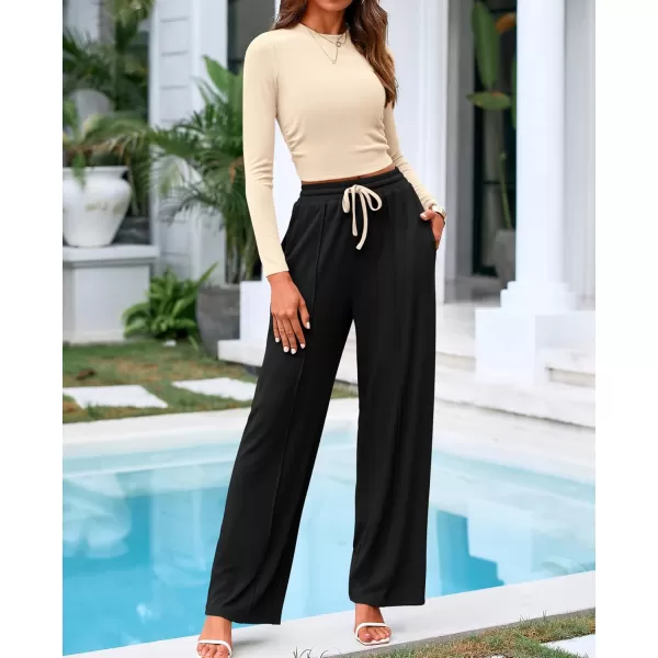 BTFBM Casual 2 Piece Sets For Women Fall Outfits Ribbed Knit Long Sleeve Crop Top Wide Leg Pants Matching Lounge SetSolid Beige Black