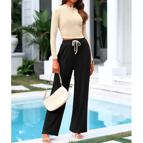 BTFBM Casual 2 Piece Sets For Women Fall Outfits Ribbed Knit Long Sleeve Crop Top Wide Leg Pants Matching Lounge SetSolid Beige Black
