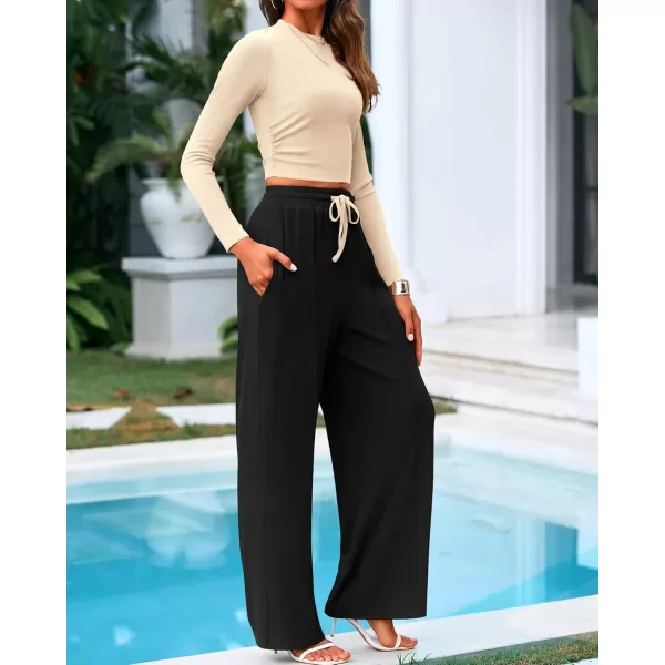 BTFBM Casual 2 Piece Sets For Women Fall Outfits Ribbed Knit Long Sleeve Crop Top Wide Leg Pants Matching Lounge SetSolid Beige Black