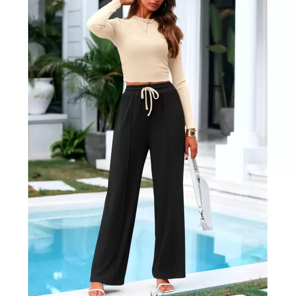BTFBM Casual 2 Piece Sets For Women Fall Outfits Ribbed Knit Long Sleeve Crop Top Wide Leg Pants Matching Lounge SetSolid Beige Black
