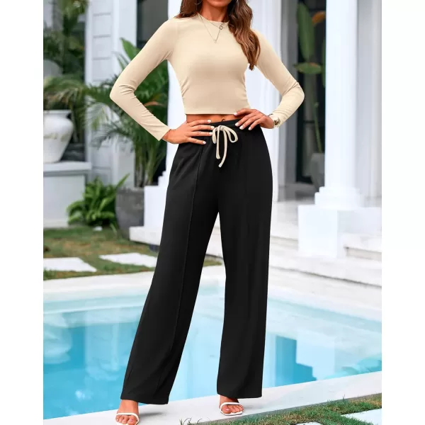 BTFBM Casual 2 Piece Sets For Women Fall Outfits Ribbed Knit Long Sleeve Crop Top Wide Leg Pants Matching Lounge SetSolid Beige Black