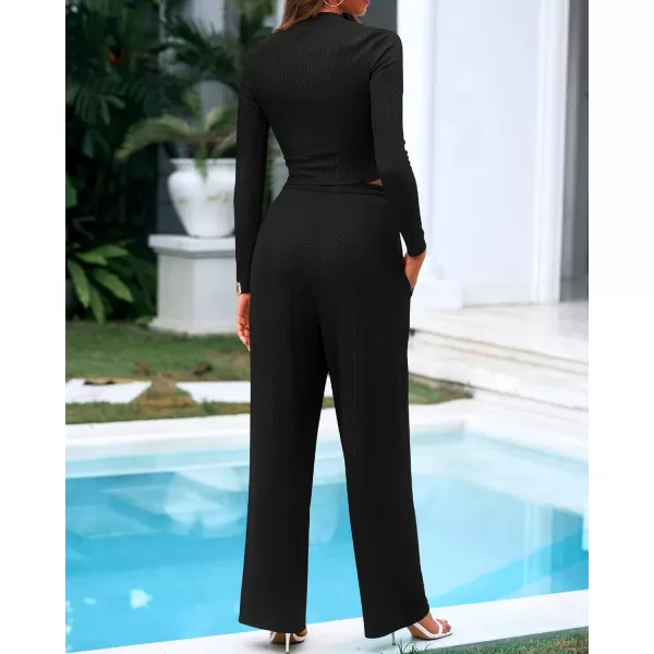 BTFBM Casual 2 Piece Sets For Women Fall Outfits Ribbed Knit Long Sleeve Crop Top Wide Leg Pants Matching Lounge SetSolid Black