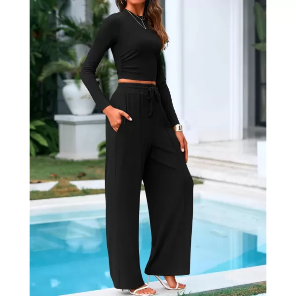 BTFBM Casual 2 Piece Sets For Women Fall Outfits Ribbed Knit Long Sleeve Crop Top Wide Leg Pants Matching Lounge SetSolid Black