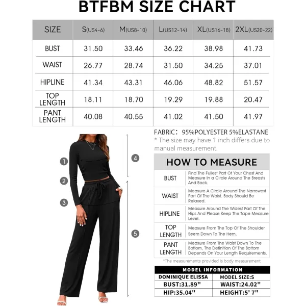 BTFBM Casual 2 Piece Sets For Women Fall Outfits Ribbed Knit Long Sleeve Crop Top Wide Leg Pants Matching Lounge SetSolid Black