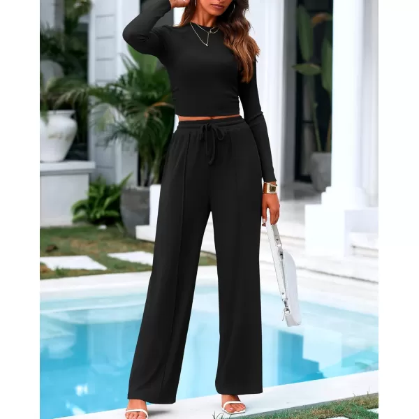 BTFBM Casual 2 Piece Sets For Women Fall Outfits Ribbed Knit Long Sleeve Crop Top Wide Leg Pants Matching Lounge SetSolid Black