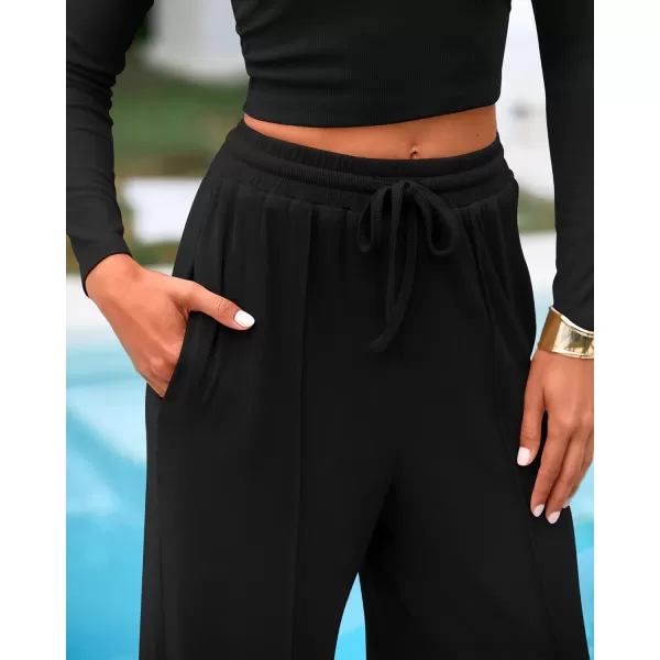 BTFBM Casual 2 Piece Sets For Women Fall Outfits Ribbed Knit Long Sleeve Crop Top Wide Leg Pants Matching Lounge SetSolid Black