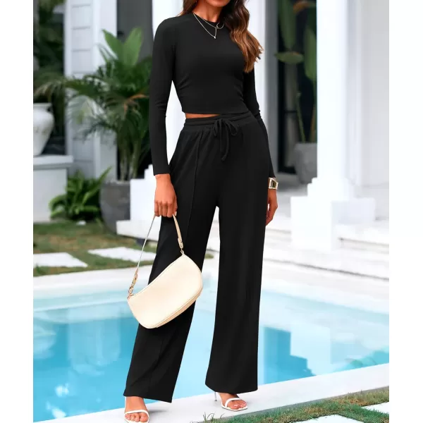 BTFBM Casual 2 Piece Sets For Women Fall Outfits Ribbed Knit Long Sleeve Crop Top Wide Leg Pants Matching Lounge SetSolid Black
