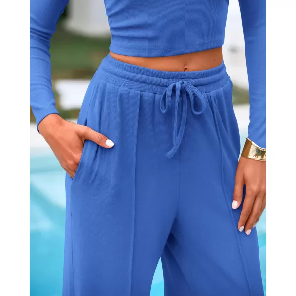 BTFBM Casual 2 Piece Sets For Women Fall Outfits Ribbed Knit Long Sleeve Crop Top Wide Leg Pants Matching Lounge SetSolid Blue