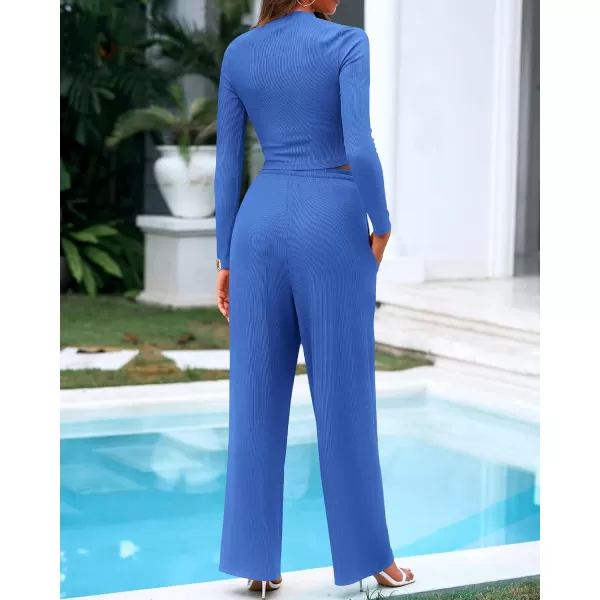 BTFBM Casual 2 Piece Sets For Women Fall Outfits Ribbed Knit Long Sleeve Crop Top Wide Leg Pants Matching Lounge SetSolid Blue