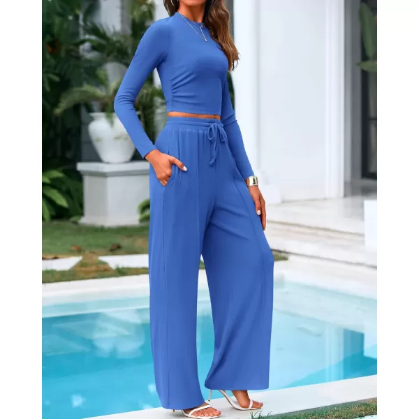 BTFBM Casual 2 Piece Sets For Women Fall Outfits Ribbed Knit Long Sleeve Crop Top Wide Leg Pants Matching Lounge SetSolid Blue