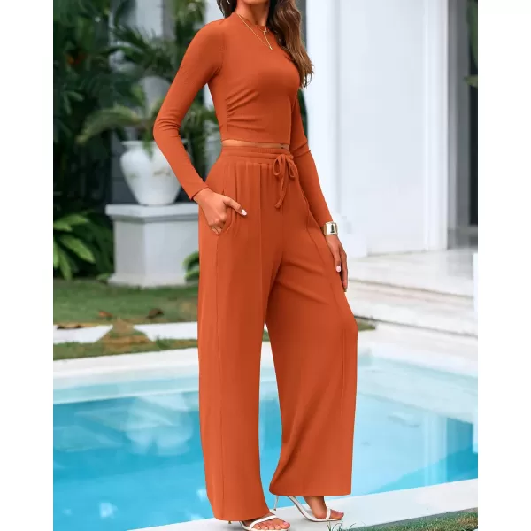 BTFBM Casual 2 Piece Sets For Women Fall Outfits Ribbed Knit Long Sleeve Crop Top Wide Leg Pants Matching Lounge SetSolid Brick Red
