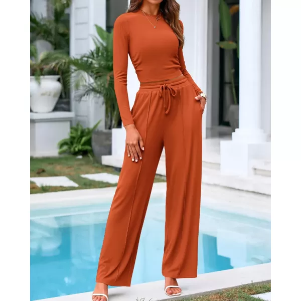 BTFBM Casual 2 Piece Sets For Women Fall Outfits Ribbed Knit Long Sleeve Crop Top Wide Leg Pants Matching Lounge SetSolid Brick Red
