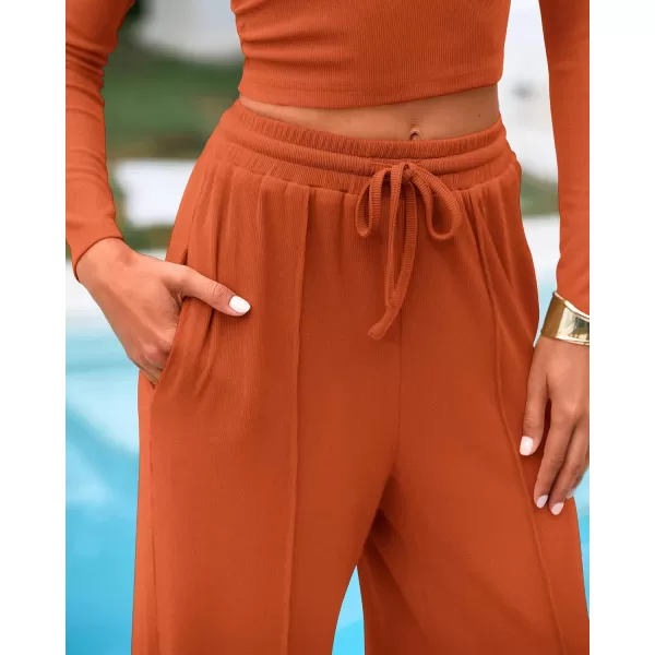 BTFBM Casual 2 Piece Sets For Women Fall Outfits Ribbed Knit Long Sleeve Crop Top Wide Leg Pants Matching Lounge SetSolid Brick Red
