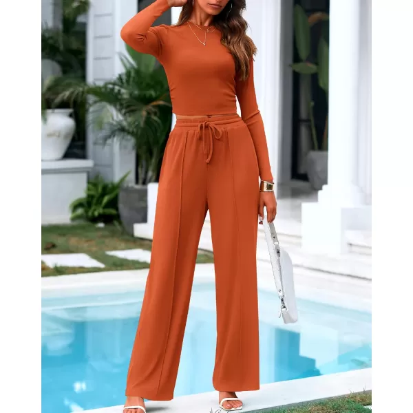 BTFBM Casual 2 Piece Sets For Women Fall Outfits Ribbed Knit Long Sleeve Crop Top Wide Leg Pants Matching Lounge SetSolid Brick Red