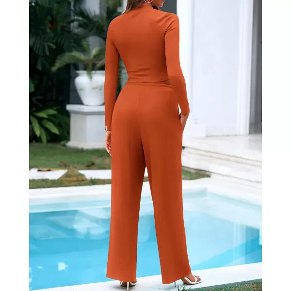 BTFBM Casual 2 Piece Sets For Women Fall Outfits Ribbed Knit Long Sleeve Crop Top Wide Leg Pants Matching Lounge SetSolid Brick Red