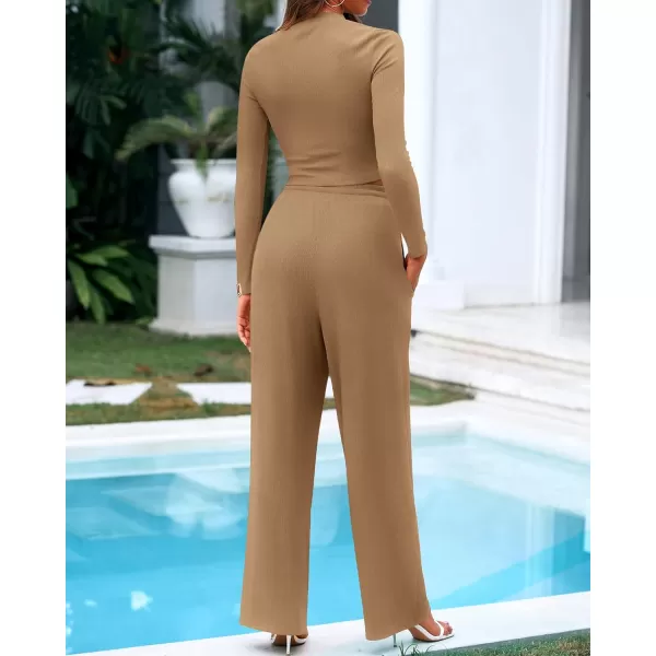 BTFBM Casual 2 Piece Sets For Women Fall Outfits Ribbed Knit Long Sleeve Crop Top Wide Leg Pants Matching Lounge SetSolid Camel