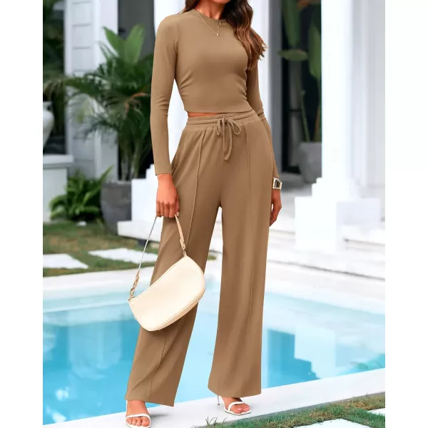 BTFBM Casual 2 Piece Sets For Women Fall Outfits Ribbed Knit Long Sleeve Crop Top Wide Leg Pants Matching Lounge SetSolid Camel