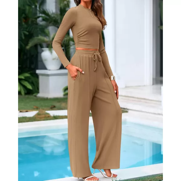 BTFBM Casual 2 Piece Sets For Women Fall Outfits Ribbed Knit Long Sleeve Crop Top Wide Leg Pants Matching Lounge SetSolid Camel