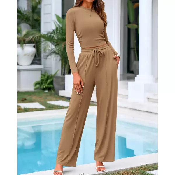 BTFBM Casual 2 Piece Sets For Women Fall Outfits Ribbed Knit Long Sleeve Crop Top Wide Leg Pants Matching Lounge SetSolid Camel
