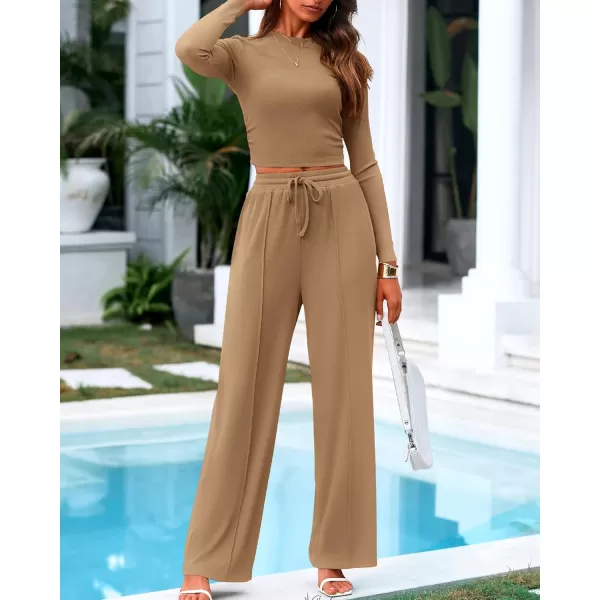 BTFBM Casual 2 Piece Sets For Women Fall Outfits Ribbed Knit Long Sleeve Crop Top Wide Leg Pants Matching Lounge SetSolid Camel