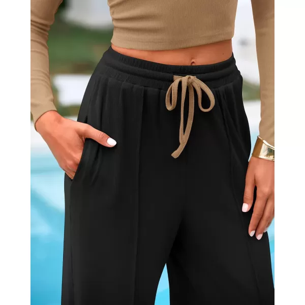 BTFBM Casual 2 Piece Sets For Women Fall Outfits Ribbed Knit Long Sleeve Crop Top Wide Leg Pants Matching Lounge SetSolid Camel Black
