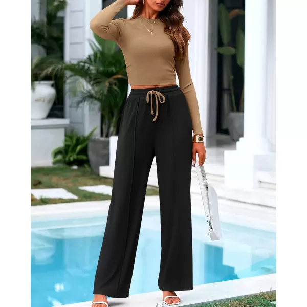 BTFBM Casual 2 Piece Sets For Women Fall Outfits Ribbed Knit Long Sleeve Crop Top Wide Leg Pants Matching Lounge SetSolid Camel Black