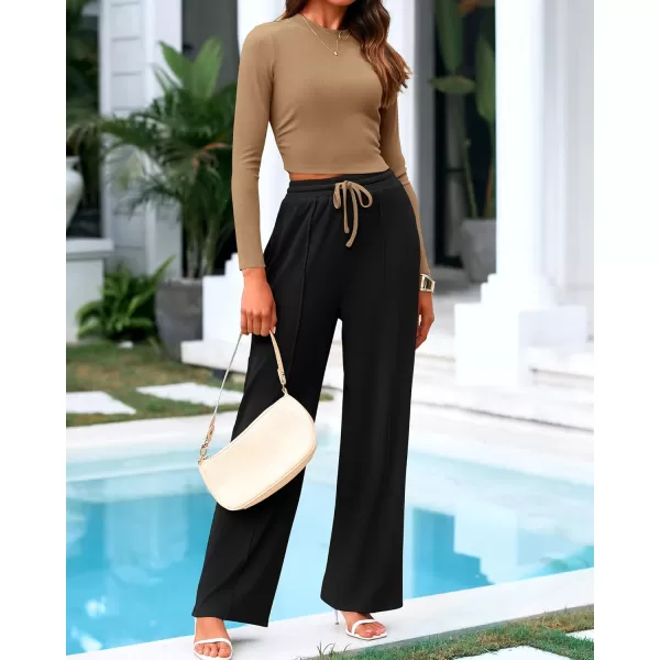BTFBM Casual 2 Piece Sets For Women Fall Outfits Ribbed Knit Long Sleeve Crop Top Wide Leg Pants Matching Lounge SetSolid Camel Black