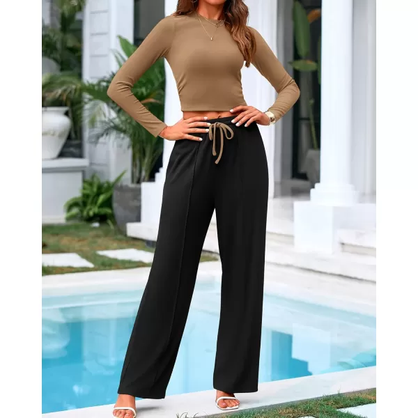 BTFBM Casual 2 Piece Sets For Women Fall Outfits Ribbed Knit Long Sleeve Crop Top Wide Leg Pants Matching Lounge SetSolid Camel Black