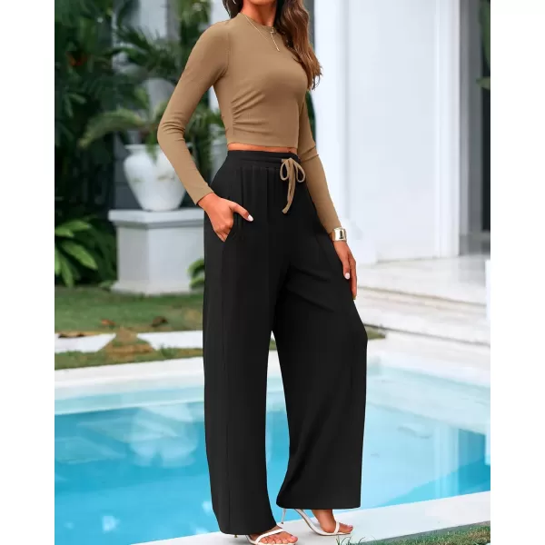 BTFBM Casual 2 Piece Sets For Women Fall Outfits Ribbed Knit Long Sleeve Crop Top Wide Leg Pants Matching Lounge SetSolid Camel Black