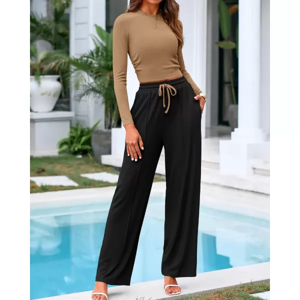 BTFBM Casual 2 Piece Sets For Women Fall Outfits Ribbed Knit Long Sleeve Crop Top Wide Leg Pants Matching Lounge SetSolid Camel Black