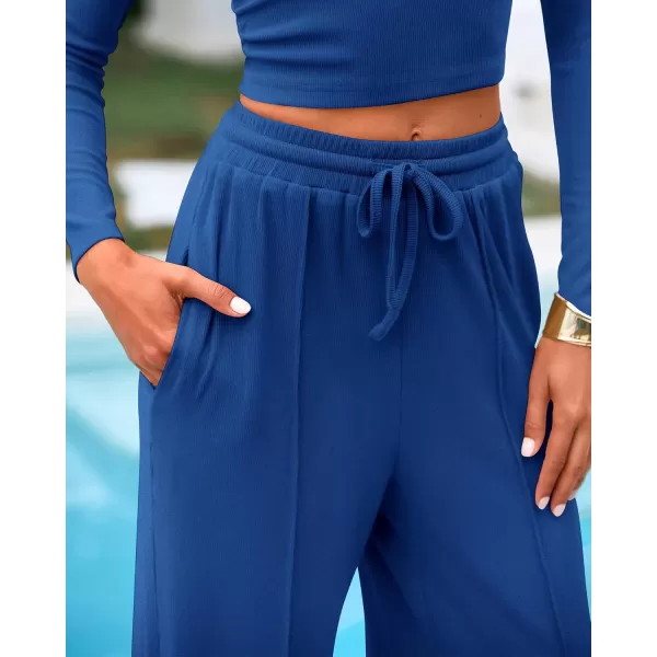 BTFBM Casual 2 Piece Sets For Women Fall Outfits Ribbed Knit Long Sleeve Crop Top Wide Leg Pants Matching Lounge SetSolid Dark Blue
