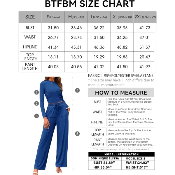 BTFBM Casual 2 Piece Sets For Women Fall Outfits Ribbed Knit Long Sleeve Crop Top Wide Leg Pants Matching Lounge SetSolid Dark Blue